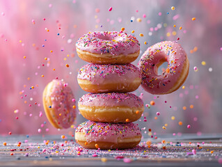 Delicious donuts photography, sweet taste, studio lighting, studio background, well-lit, vibrant colors, sharp-focus, high-quality, artistic, unique