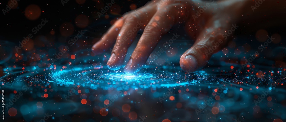 Poster The hand of a businessman touching modern technology such as cyberspace, Internet networks, digital software development, algorithms, metaverses, and data science.