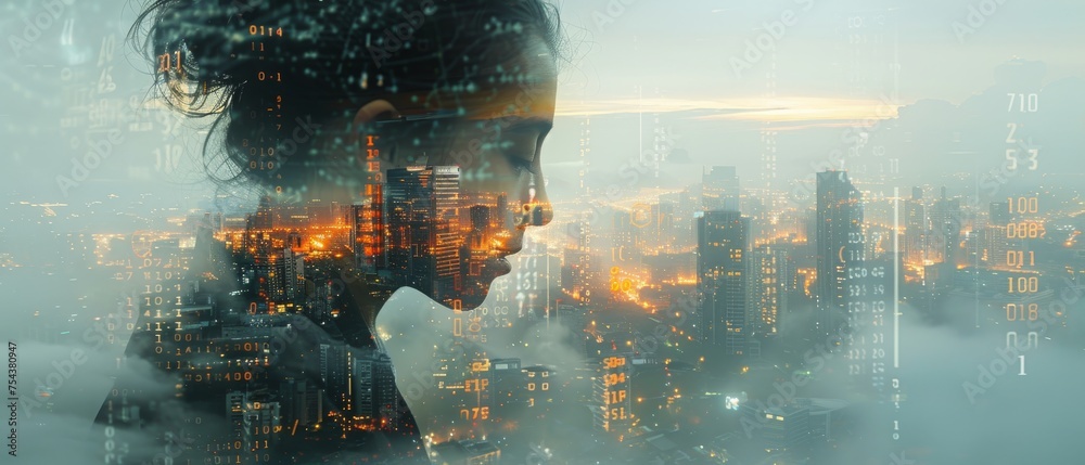 Poster A concept of business and technology using binary and HTML code on a digital tablet and smart city.