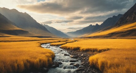 River in a mountain valley - obrazy, fototapety, plakaty