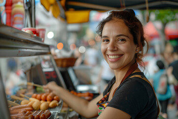 Hot dog vendor, latina woman working in a street food stall with cheerful smile and copy space - obrazy, fototapety, plakaty