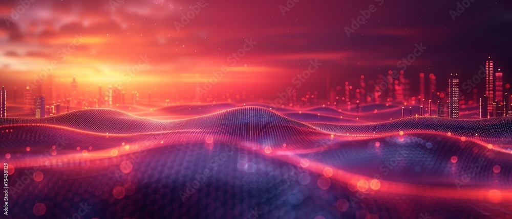 Leinwandbilder An idea of a smart city dot point connecting with a gradient grid line. An idea of a connection technology metaverse. A night city banner with big data.