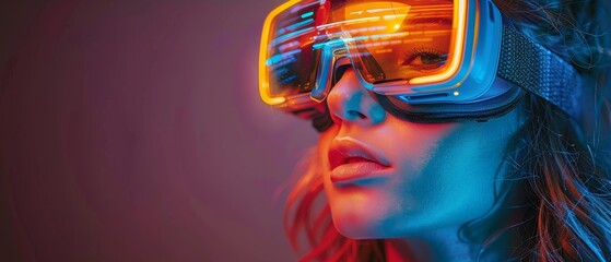 An image of a woman wearing virtual reality glasses. A concept for the future of technology. - obrazy, fototapety, plakaty