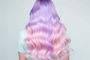 Back view of wavy long pastel ombre violet and pink colored hair