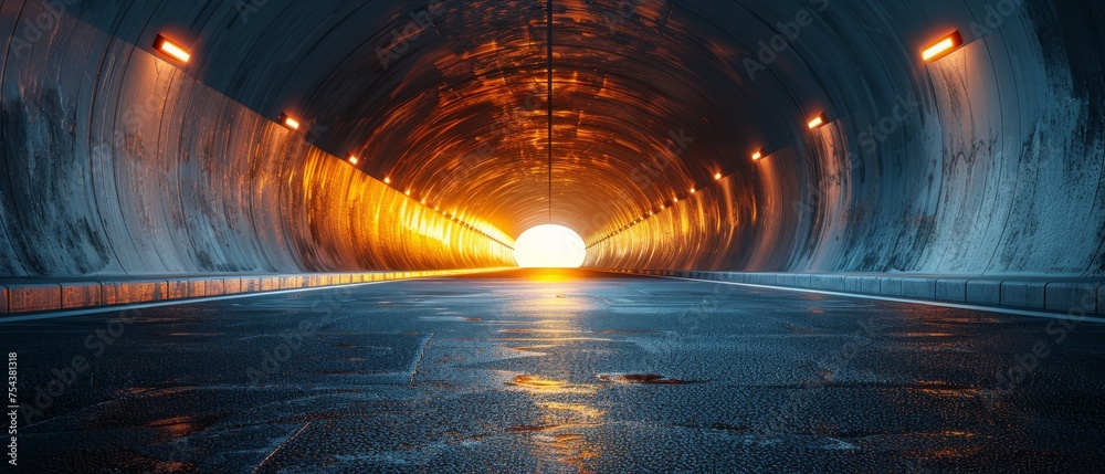 Fototapete a 3d rendering of an architecture tunnel on an empty asphalt road.