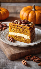A slice of delicious pumpkin and nut pie on a white plate. Rustic wooden background with pumpkins and pecan nuts. Close-up. The food concept for a banner, flyer, poster, presentation.