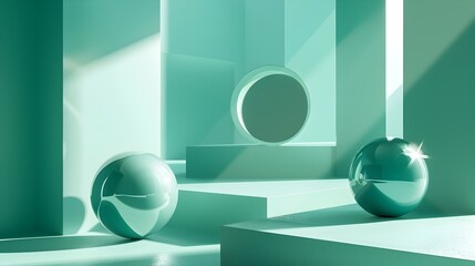 Minimalist Geometric Scene with Metallic Spheres, To convey the serene beauty of minimalism and the captivating interplay between light and shadow on