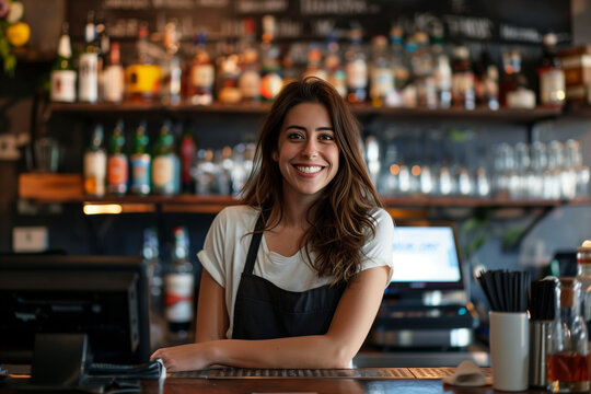 Female waitress, portrait of a young and enterprising worker behind a bar serving alcoholic beverages and copy space