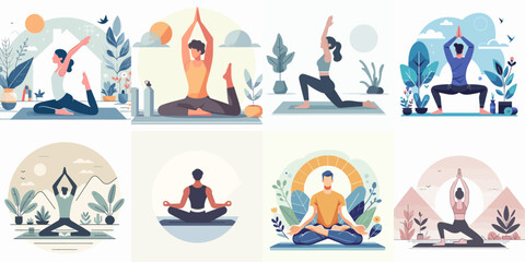 Vector set of people doing gymnastics in flat design style