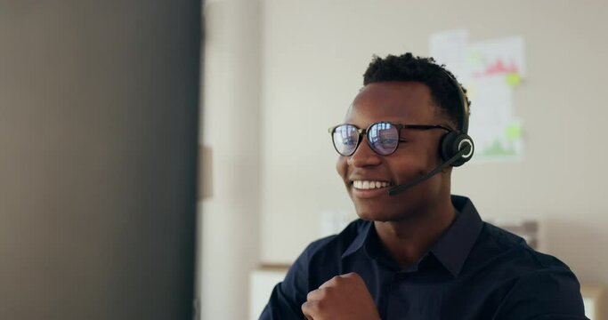 Call center, man and employee with communication for telemarketing, customer service or hand gesture for assistance. African agent, consultant or headset with microphone for advice or support at desk