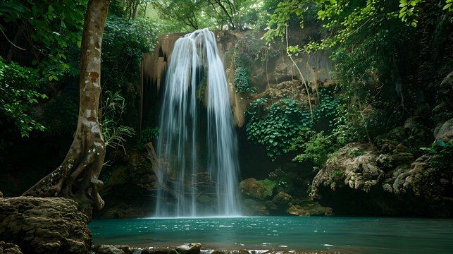 Majestic Waterfall in the Jungle of Bali, To capture the untamed beauty of nature and inspire feelings of relaxation, peace, and adventure