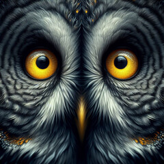 Enigmatic Gaze: Mesmerizing Close-Up of Great Gray Owl's Yellow Eyes - Evocative Generative Illustration Radiating Aura of Mystique and Wisdom, Inspiring Awe and Reverence for Nature's Nocturnal Beaut