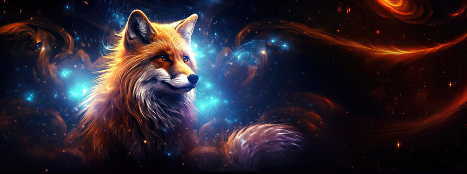 Red fox against cosmic background with space, stars, nebulae, vibrant colors, flames; digital art in fantasy style, featuring astronomy elements, celestial themes, interstellar ambiance