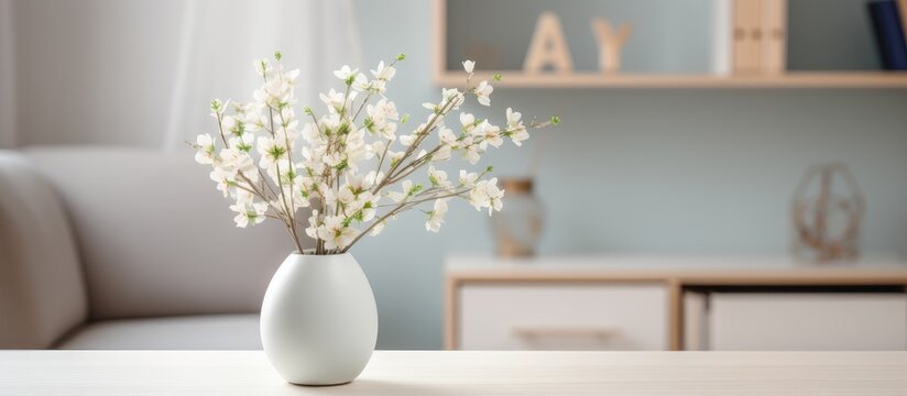 A white vase filled with white flowers sits atop a table in a cozy home living room with a beautiful interior design, creating a simple yet elegant focal point in the room.