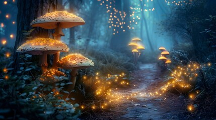 Obraz na płótnie Canvas Enchanting Whimsical Forest with Glowing Mushrooms and Fireflies, To provide a visually stunning and enchanting forest scene for use in