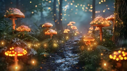 Enchanting Magical Forest with Glowing Mushrooms and Fairy Lights, To provide a captivating and otherworldly background for a video game, fairy tale,