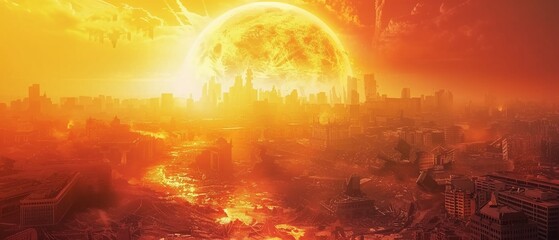 Apocalyptic vision of the world scorched by an overpowering sun streets in ruins