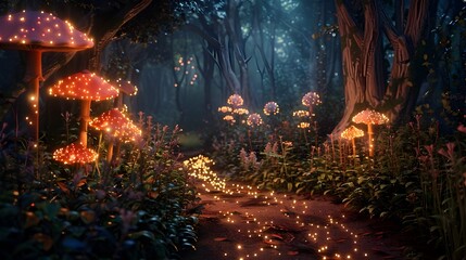 Obraz premium Enchanting 3D Rendered Fantasy Forest with Glowing Mushrooms and Flowers, To provide an eye-catching and captivating background for digital art,