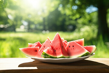 Bowl of Summer Watermelon on a Picnic Table in the Park