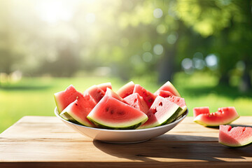 Bowl of Summer Watermelon on a Picnic Table in the Park