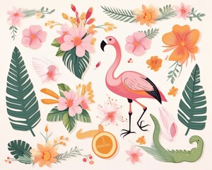 Hand-drawn scrapbooking elements with tropical birds and flowers