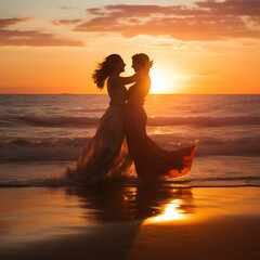 Lesbian couple stay on beach at sunset