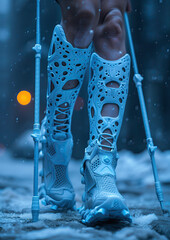 Foto de piernas caminando por sendero nevado, mostrando nuevas escayolas impresas en 3D, moda diseño de vanguardia, zapatos ortopédicos deportivos, bastones o muletas