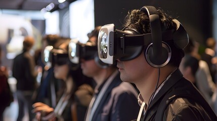 Many people exploring virtual reality technology at an event, The photo showcases the potential of virtual reality technology for brand promotion,