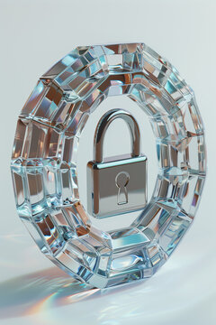 Figura de token o moneda, concepto que implica seguridad y transparencia, cripto descentralizada, fondo claro liso, blanco, pieza de metacrilato o cristal a modo de anillo