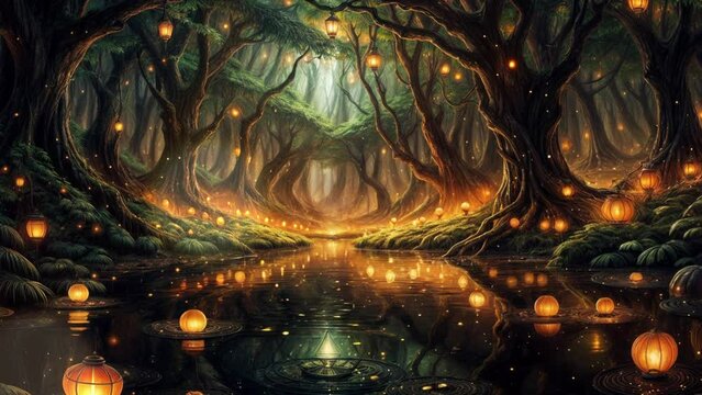 ファンタジーで神秘的な夜の森の風景の背景動画