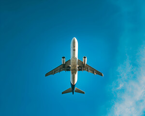An airplane in flight is photographed from below during the day