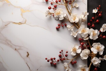 Marble Table With White Flowers and Red Berries Generative AI