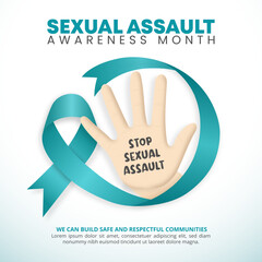 Square Sexual Assault Awareness Month background with a ribbon and stop hand