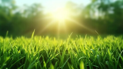 Spring grass in the garden, organic green leaves, bokeh blurred wallpaper natural background,...