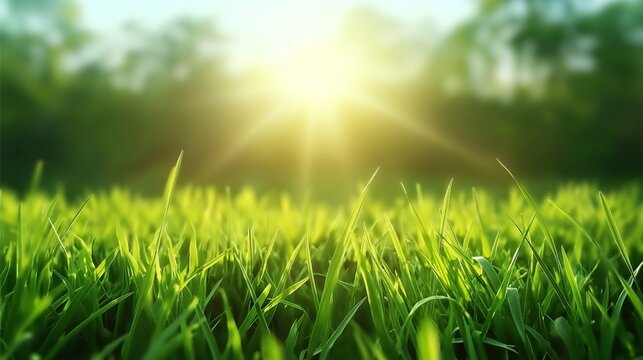 Spring grass in the garden, organic green leaves, bokeh blurred wallpaper natural background, defocused sun shines on grass and green leaves, sun rays, clean ecology in summer concept.