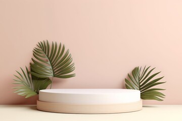 Natural beauty podium with wood texture and tropical leaves
