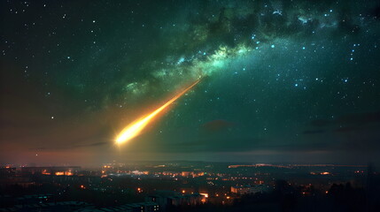 Green meteor falling crashs earth at Starry Night Sky Over the world