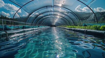 An aquaculture farm growing genetically enhanced fish for sustainable food production