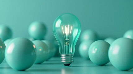 Lightning lamps at home, in restaurant or cafe: Close up of a hanging, orange lightbulb. one of lightbulb glowing among shutdown light bulb in green area with copy space for creative thinking problem.