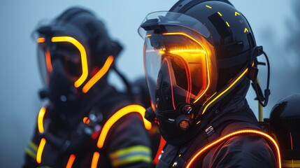 Futuristic firefighter gear with enhanced protection and rescue technology