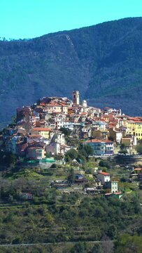 The ancient town of Perinaldo high in the mountains of Liguria in Western Italy