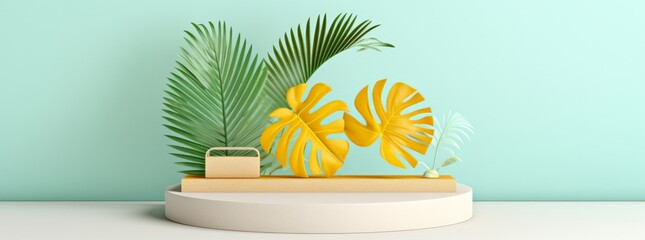 Podium display with a sand pile and tropical palm leaves