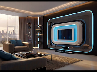 Envision a futuristic living room with advanced technology and describe a day in the life ai generated