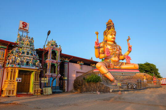TRINCOMALEE, SRI LANKA - FEBRUARY 09, 2020: A giant statue of Shiva at the Koneswaram Hindu Temple