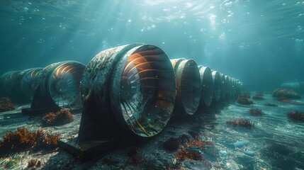 An underwater tidal turbine array generating clean energy from ocean currents without impacting marine life - obrazy, fototapety, plakaty