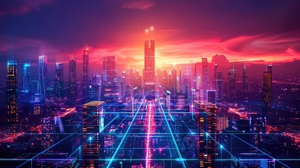 Keuken spatwand met foto Futuristic cityscape with advanced technology and neon lights © Gefo