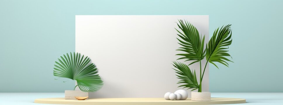 Podium display with a sand pile and tropical palm leaves