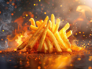 Delicious French fries photography, explosion flavors, studio lighting, studio background, well-lit, vibrant colors, sharp-focus, high-quality, artistic, unique - obrazy, fototapety, plakaty