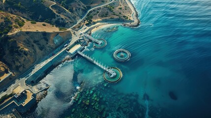 A coastal desalination plant powered by wave and tidal energy, providing fresh water with minimal environmental impact