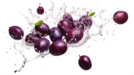 Damson  sliced pieces flying in the air with water splash isolated on transparent png.
